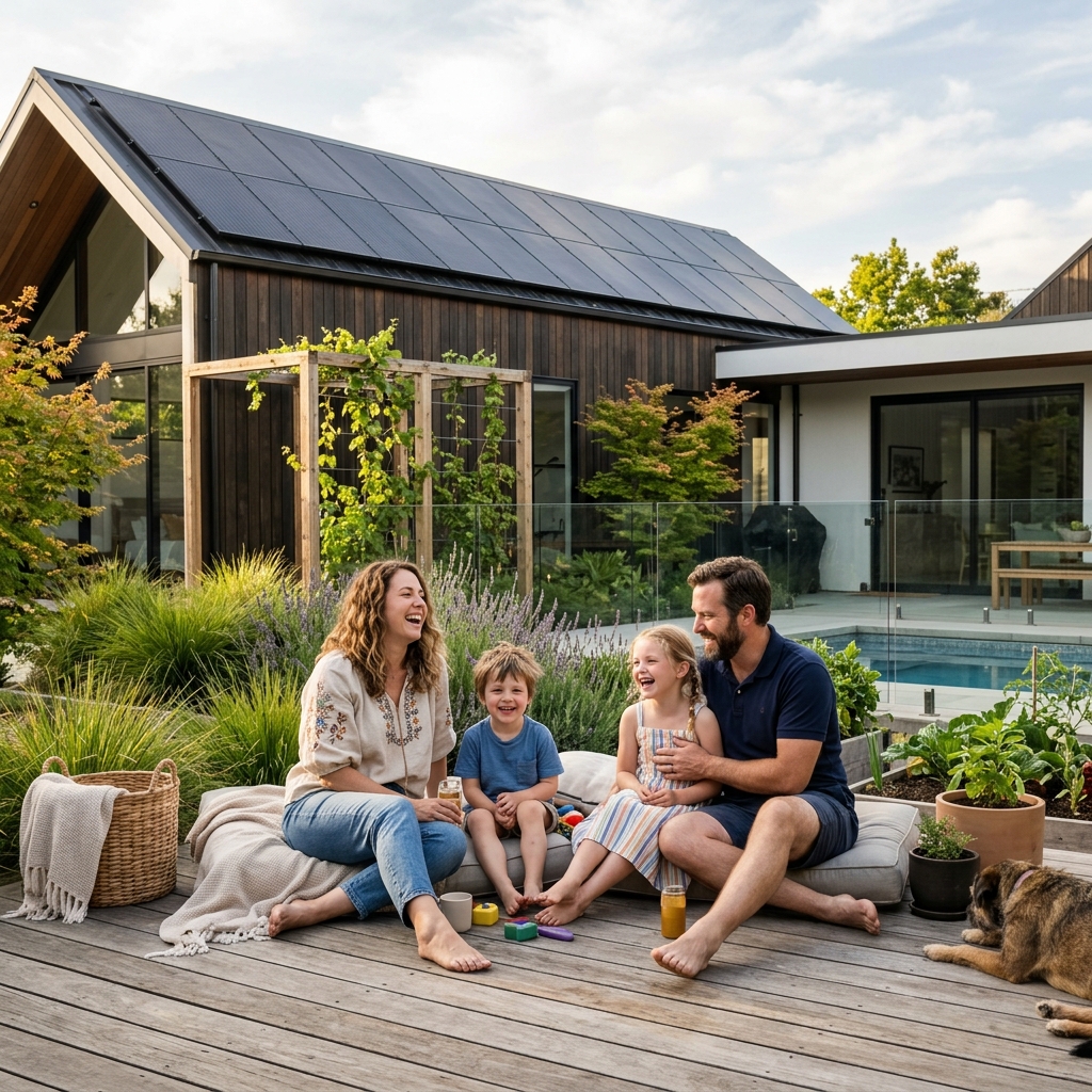 Happy family enjoying their modern solar home